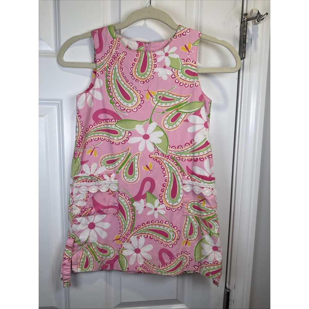 Vtg Lilly Pulitzer Shift Dress Girls Pink White Floral Sleeveless‎ Cotton Size 5
